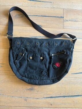 Black Canvas Grunge Crossbody Bag with Rose Patch & Skull Button Goth Punk